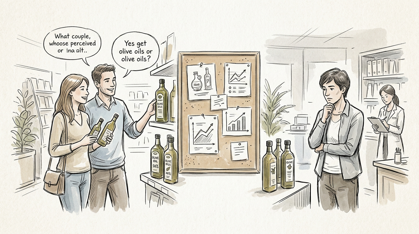 Shoppers compare olive oils beside charts while researchers observe.