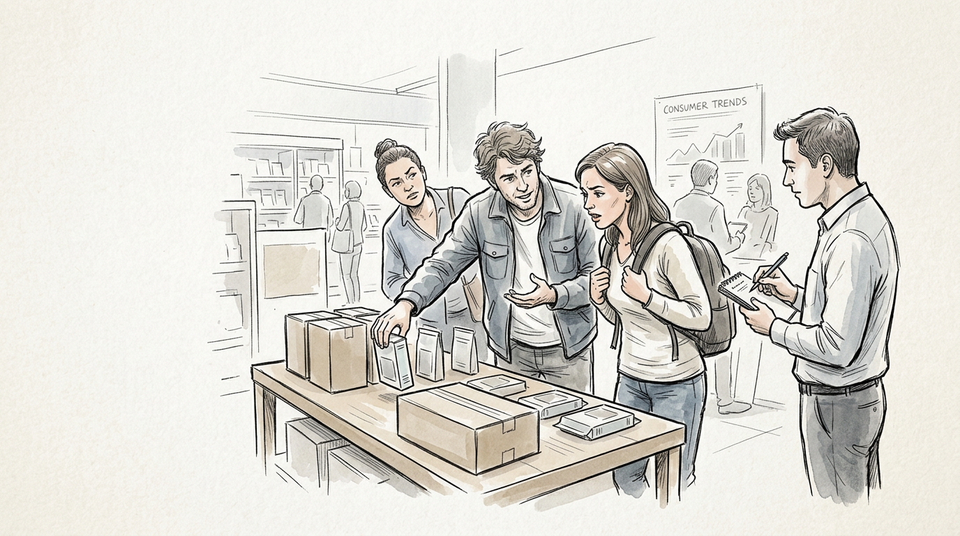 Four people discuss packaged products beside a consumer trends chart