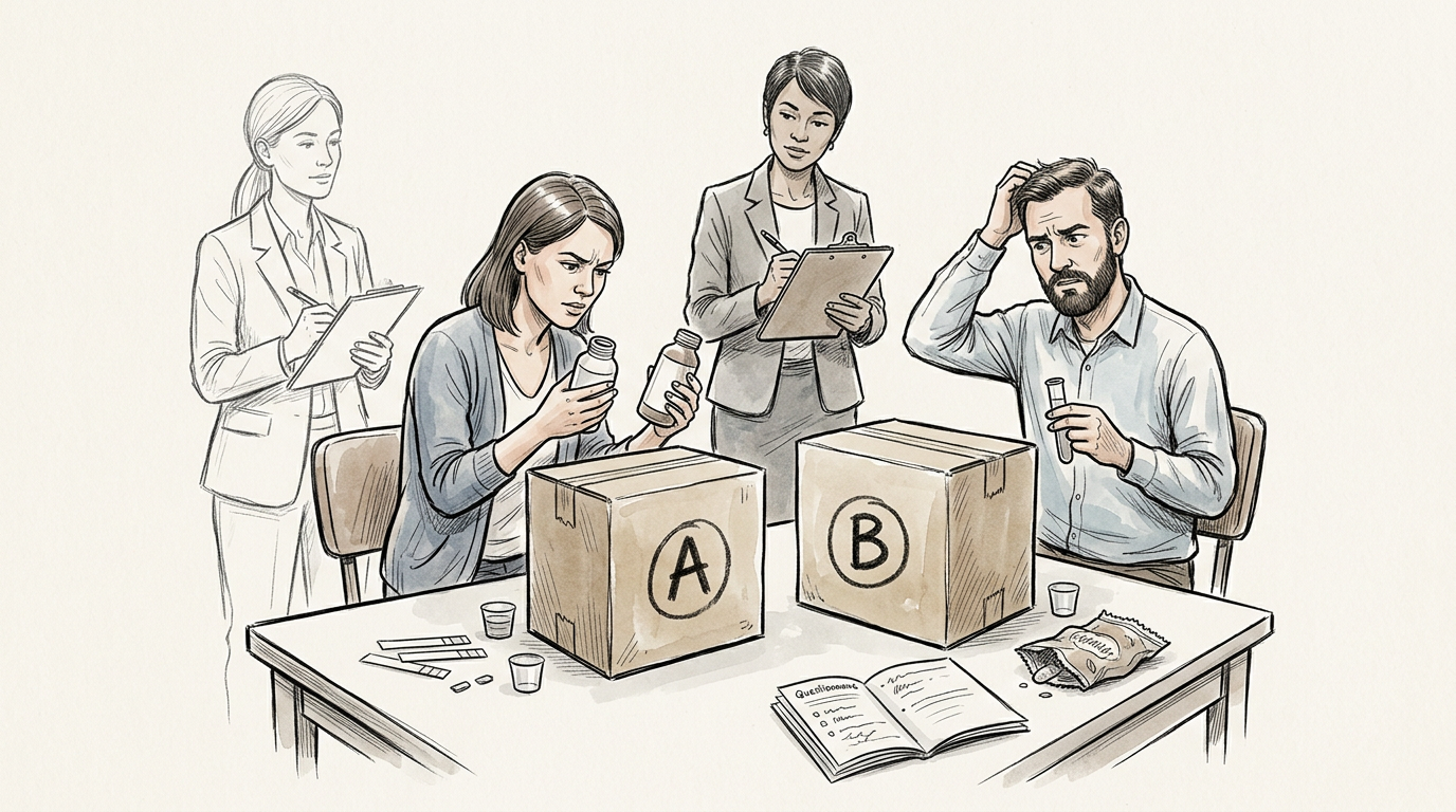 Four people conduct a product comparison using samples, questionnaires, and boxes labeled A and B