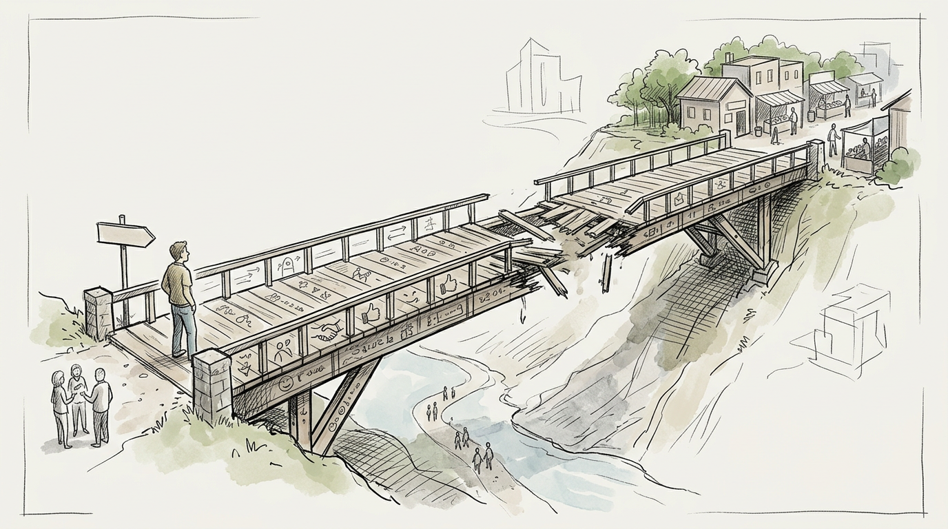 Illustration of a damaged bridge connecting two neighborhoods over a river