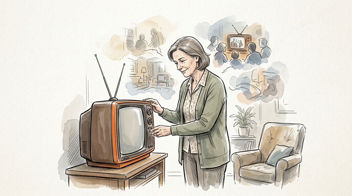 Woman adjusting a vintage television with scenes of television history behind her