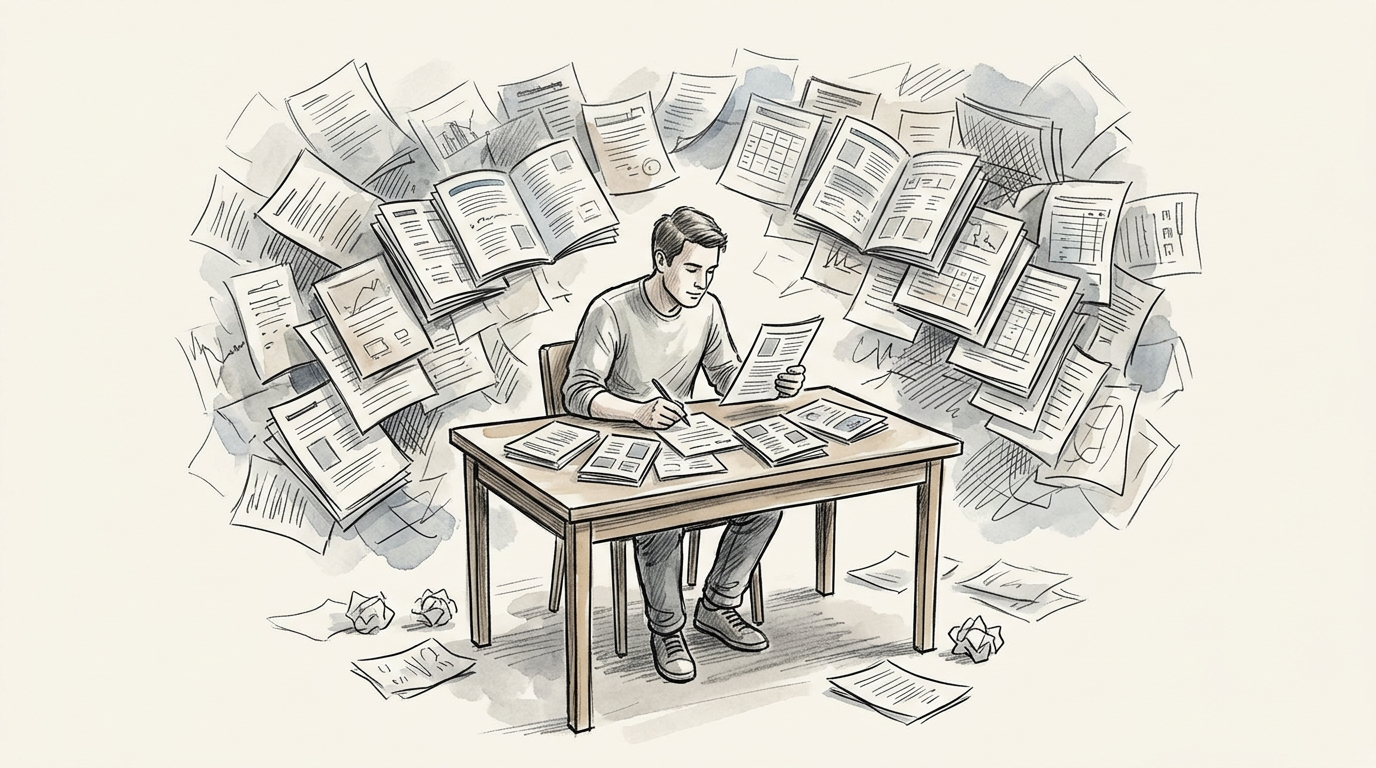 Student writing at a desk surrounded by books and scattered papers