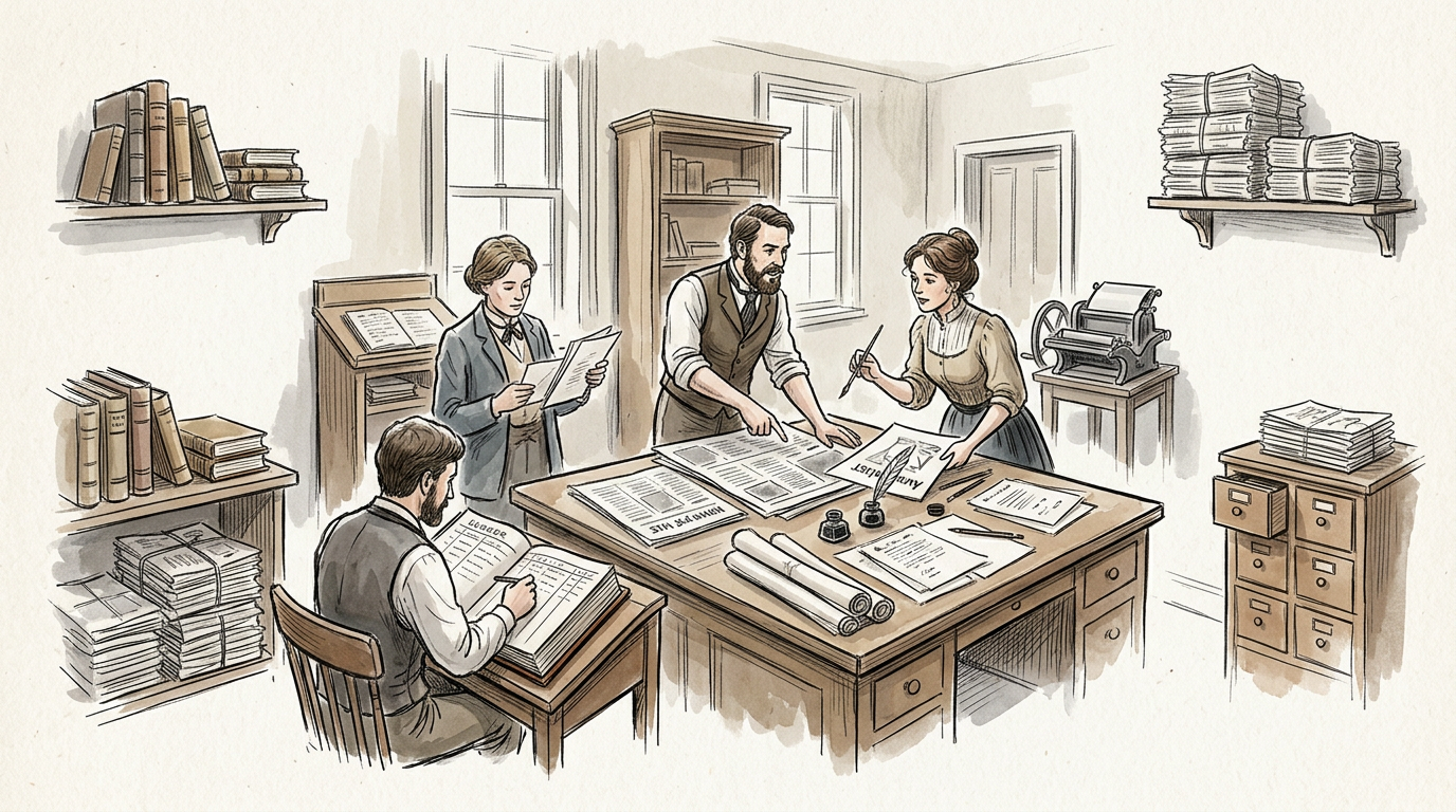 Four people preparing manuscripts in a historic publishing office