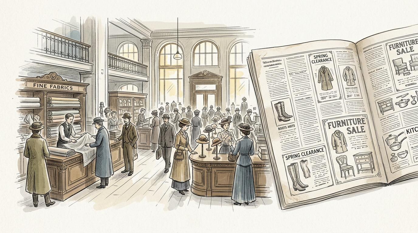 Vintage department store scene beside an open catalog advertising spring clearance and furniture sales