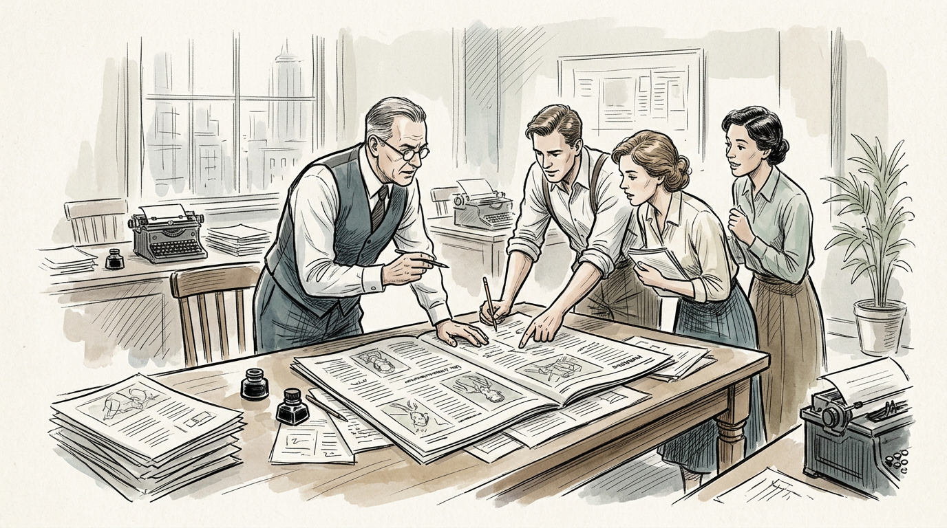 Four editors collaborating over newspaper layouts in a vintage newsroom