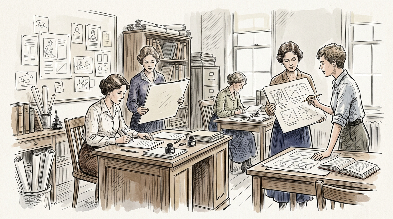 Four designers collaborating on sketches and layout boards in a studio