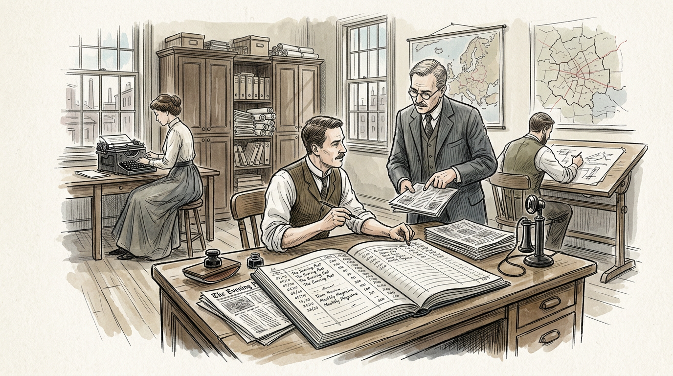 Vintage newspaper office with editors, maps, typewriter, and open ledger