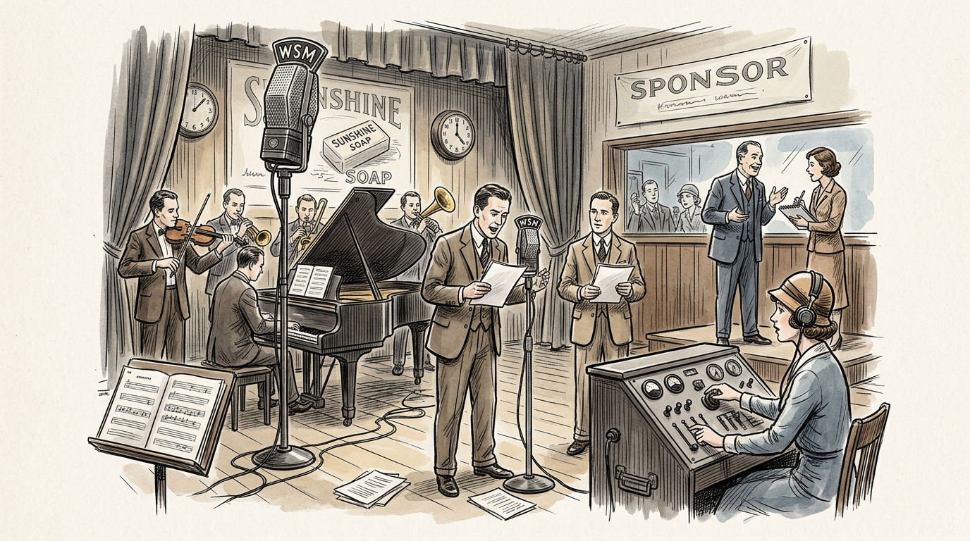 Vintage WSM radio broadcast with musicians, singers, sponsor banner, and control operator