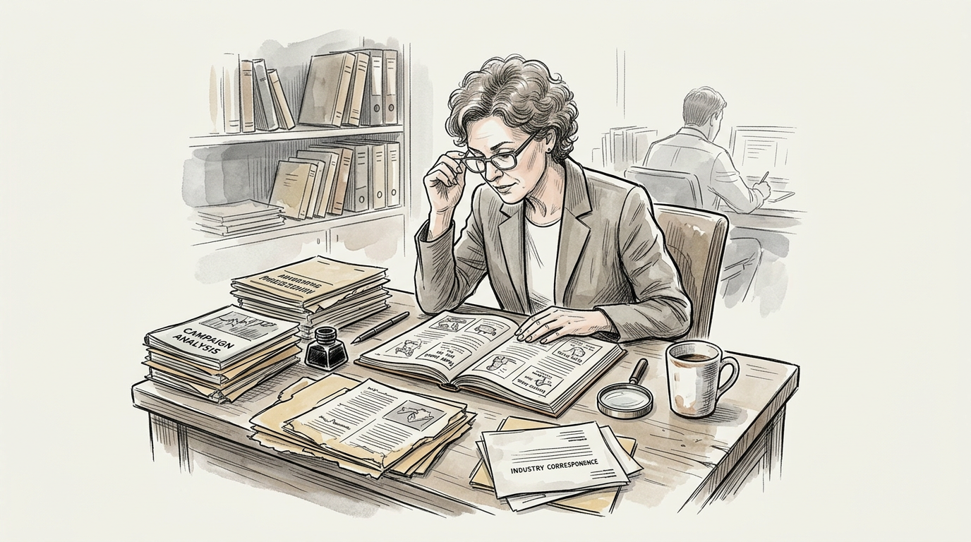 Researcher reviewing campaign analysis and industry correspondence at a desk