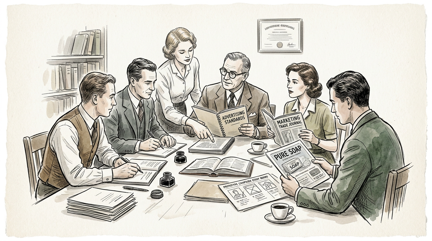 Six advertising professionals review campaign materials labeled Advertising Standards, Marketing Trade Journal, and Pure Soap.