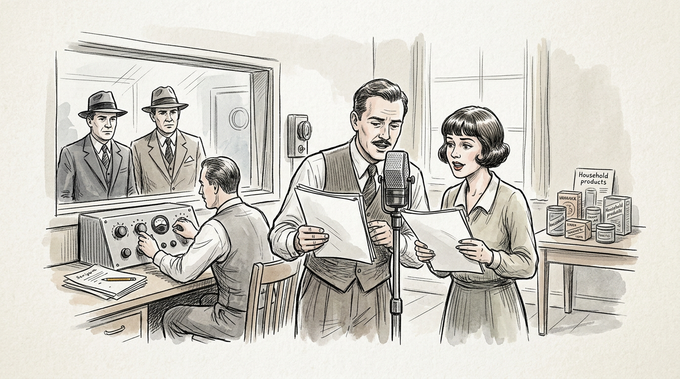 Vintage radio broadcast team with announcers, technician, and observers