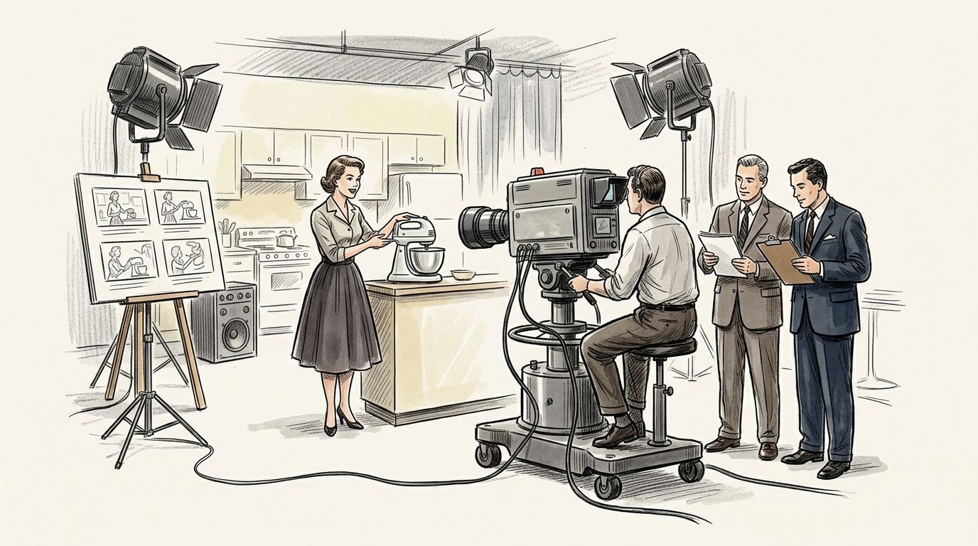 Chef demonstrating a recipe while a camera crew films in a studio kitchen