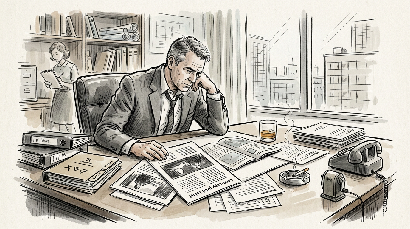 Mid-century advertising executive studying campaign research