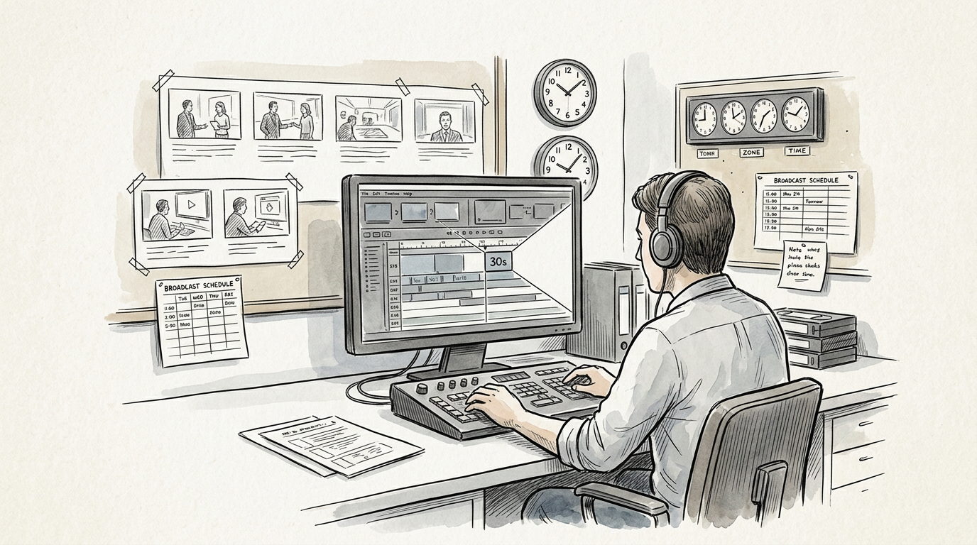 Broadcast operator managing programming on a studio control monitor