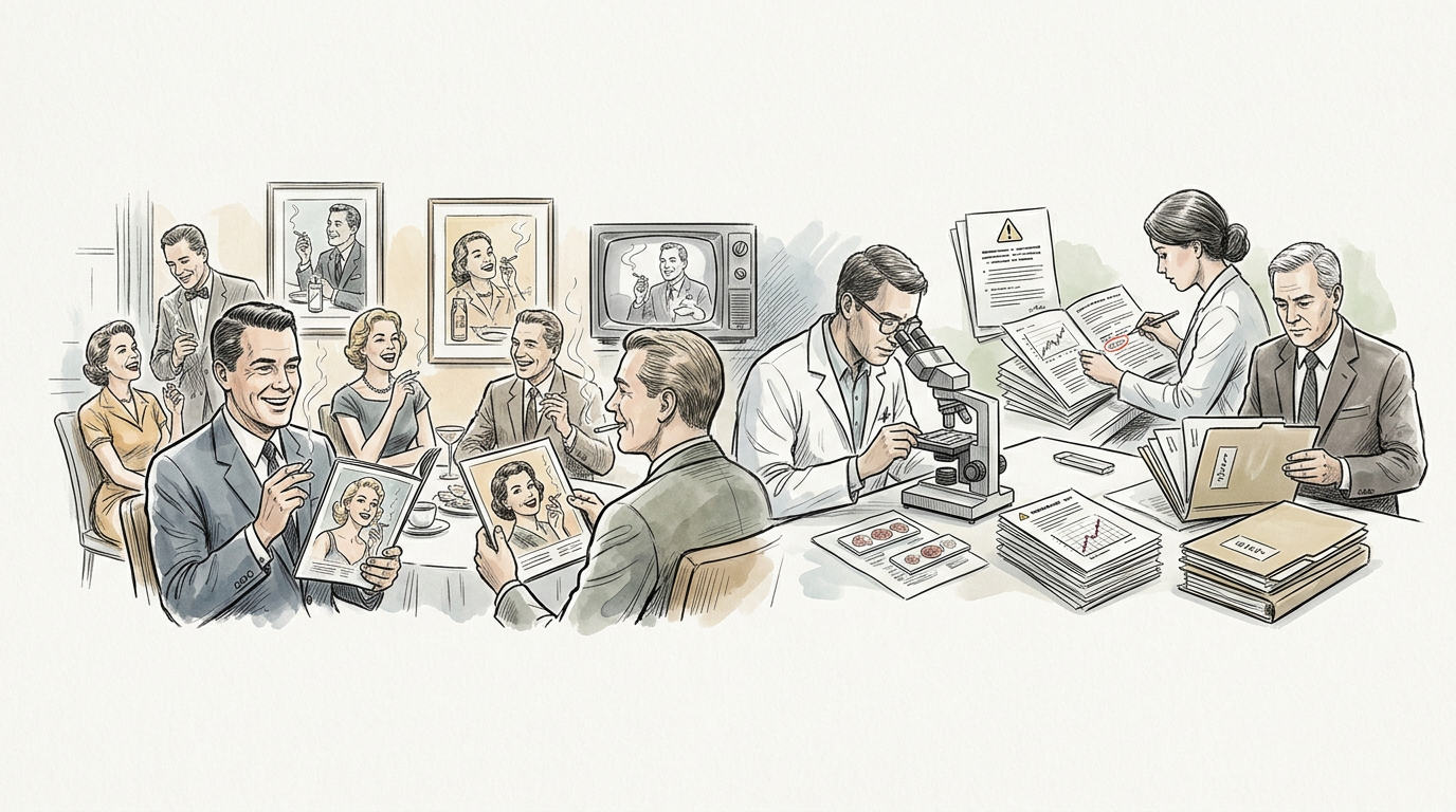 Vintage social smoking scenes contrasted with scientists and analysts reviewing research documents
