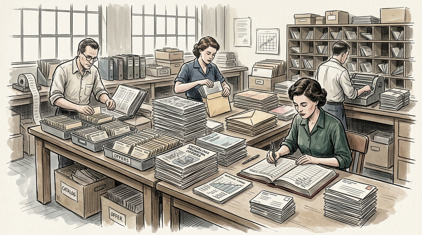 Four workers organize catalogs, forms, envelopes, and printed materials in an office