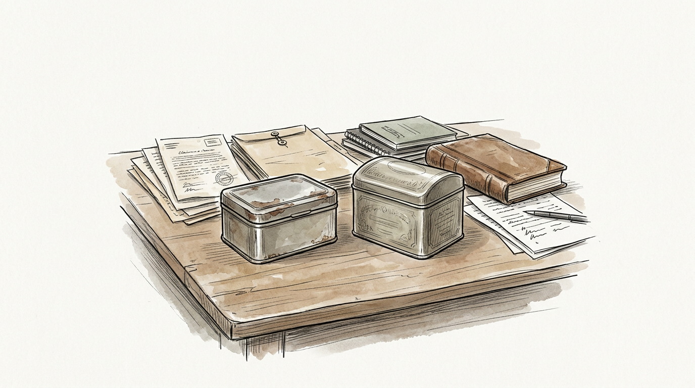 Vintage desk with tins, books, papers, and handwritten documents