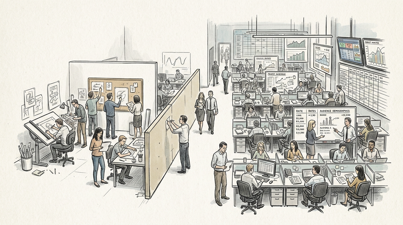 Illustration of teams brainstorming on the left and analyzing business data on the right