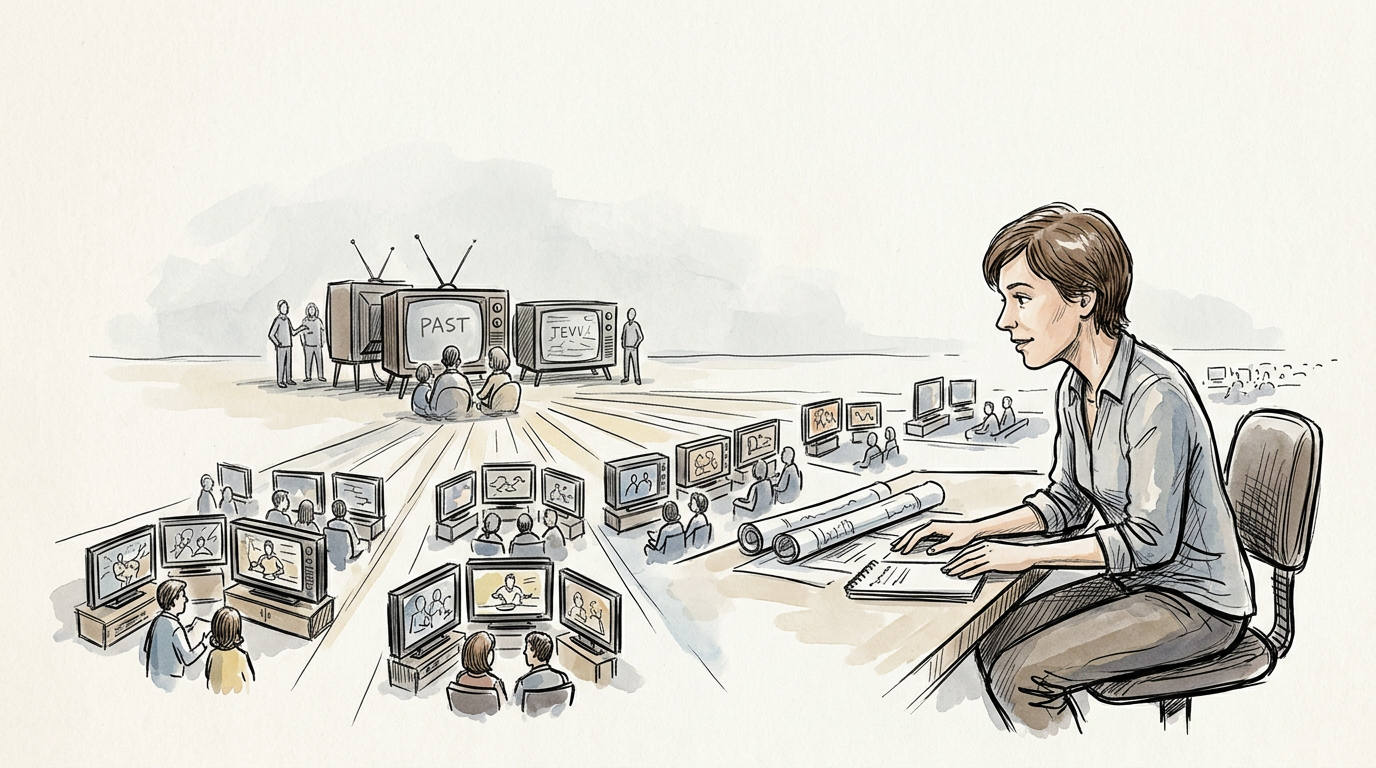 Illustration of a woman planning media history beside screens labeled PAST