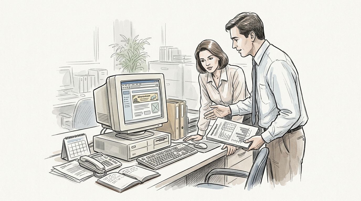 Two colleagues reviewing advertising metrics beside a vintage desktop computer