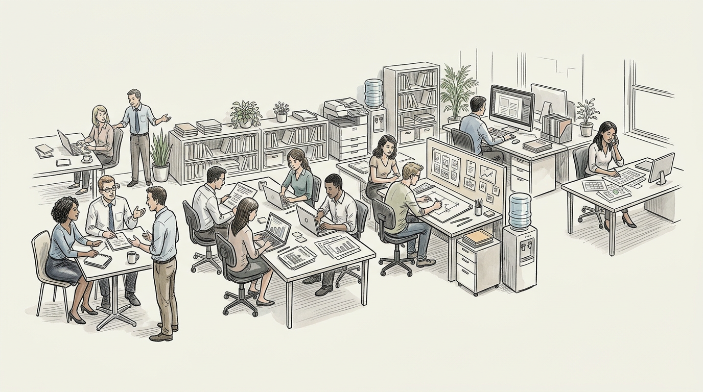 Illustrated office with employees collaborating at desks and meeting tables