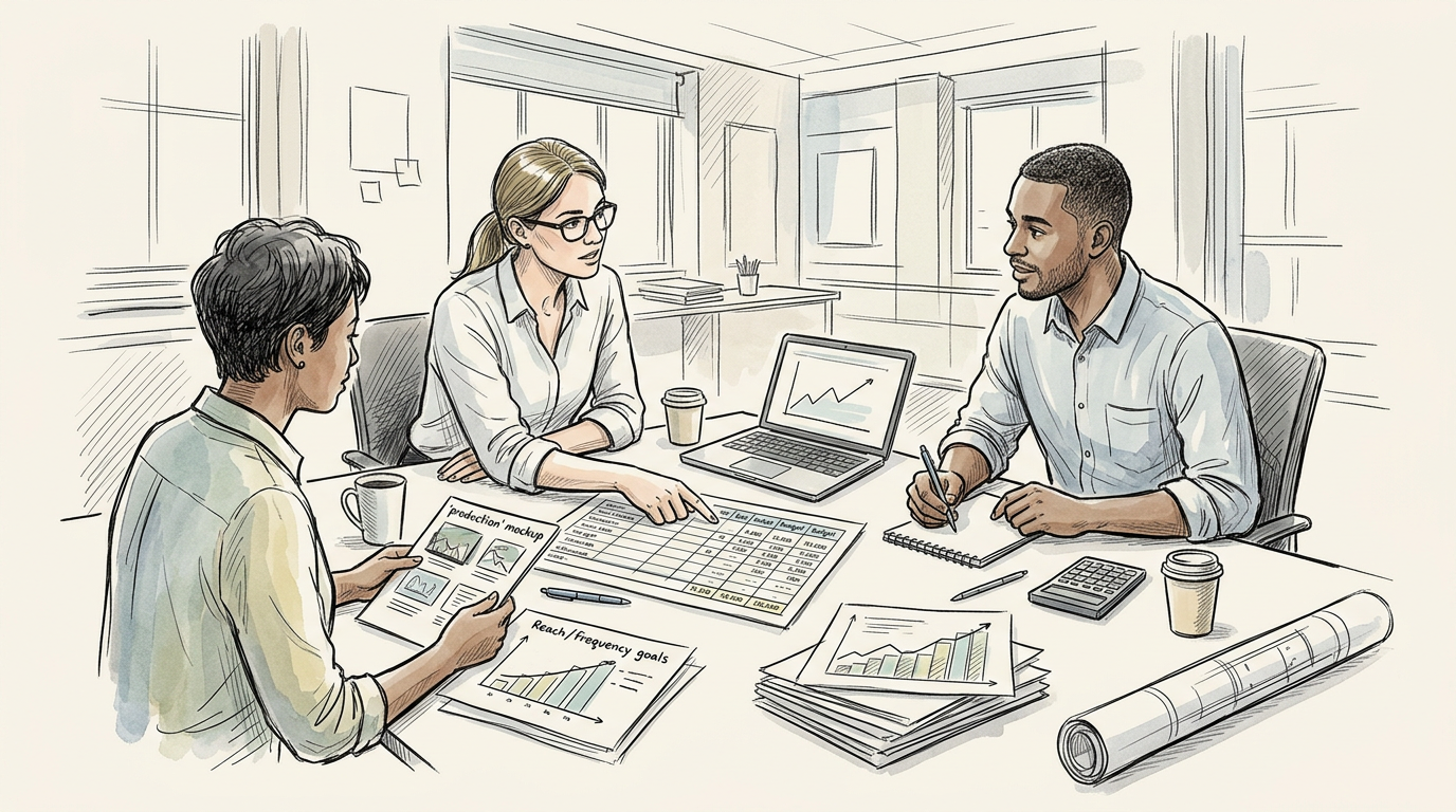 Three coworkers reviewing marketing charts, mockups, and goals around a conference table