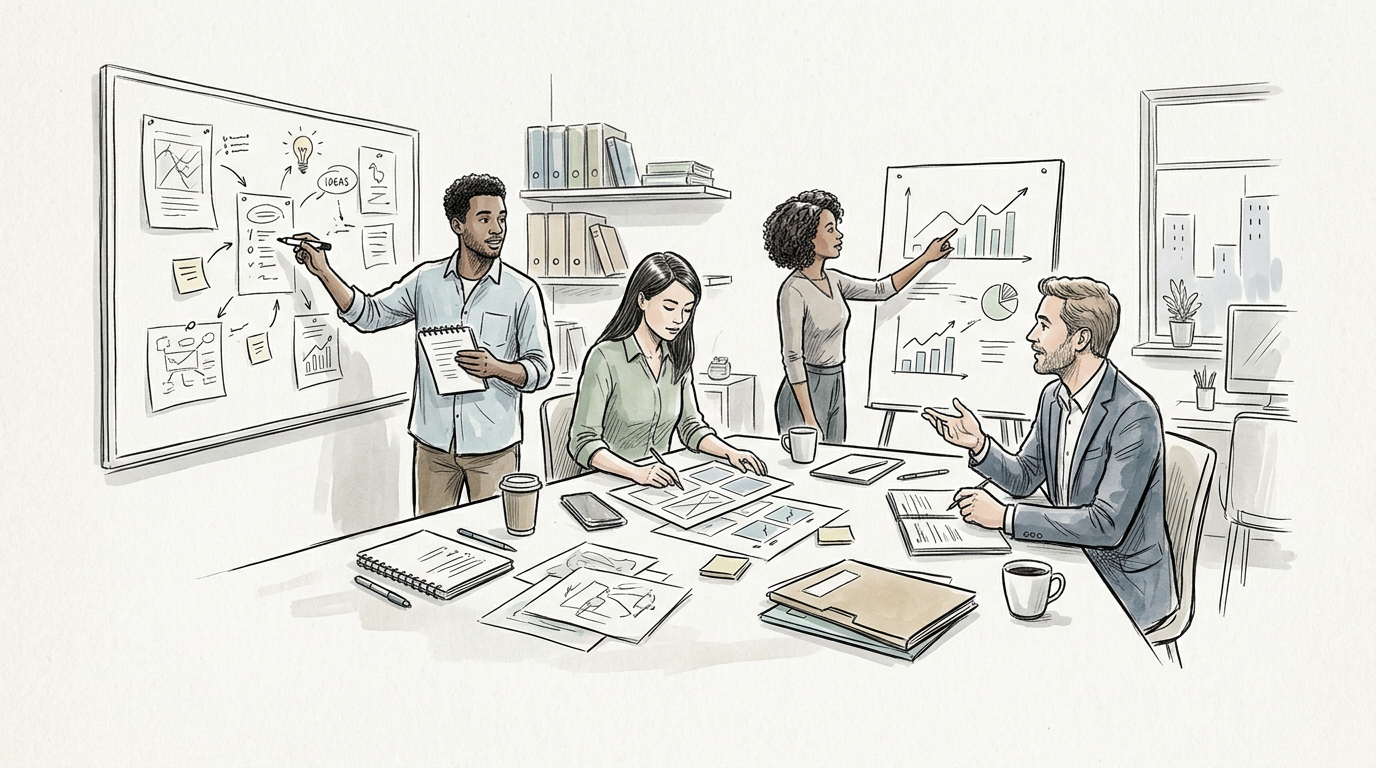Team collaborating around a table with sketches, charts, and notes