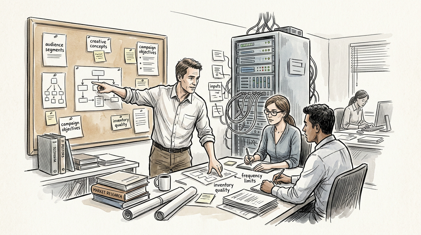 Marketing team reviews campaign objectives, audience segments, inventory quality, and frequency limits