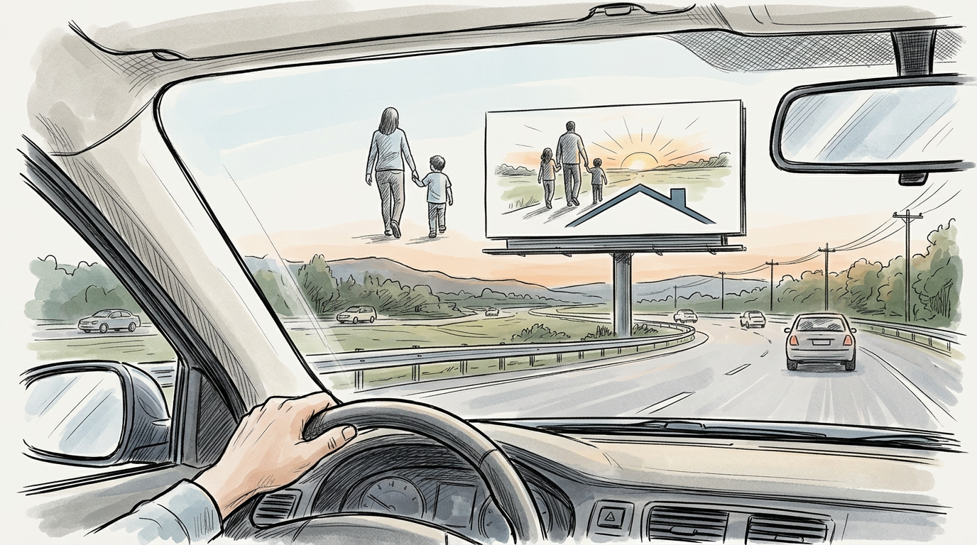 Driver’s view of highway billboard showing family walking toward a home