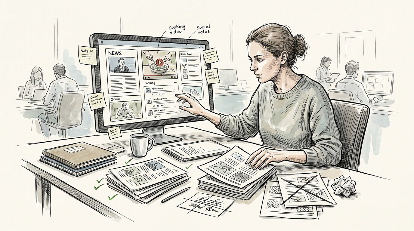 Editor reviewing news and social media content beside organized print drafts