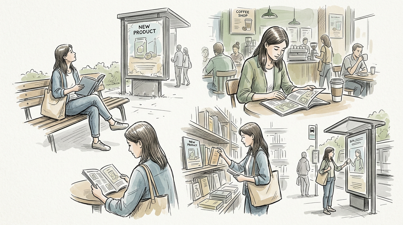 Woman reading near advertisements labeled “NEW PRODUCT” and “COFFEE SHOP”