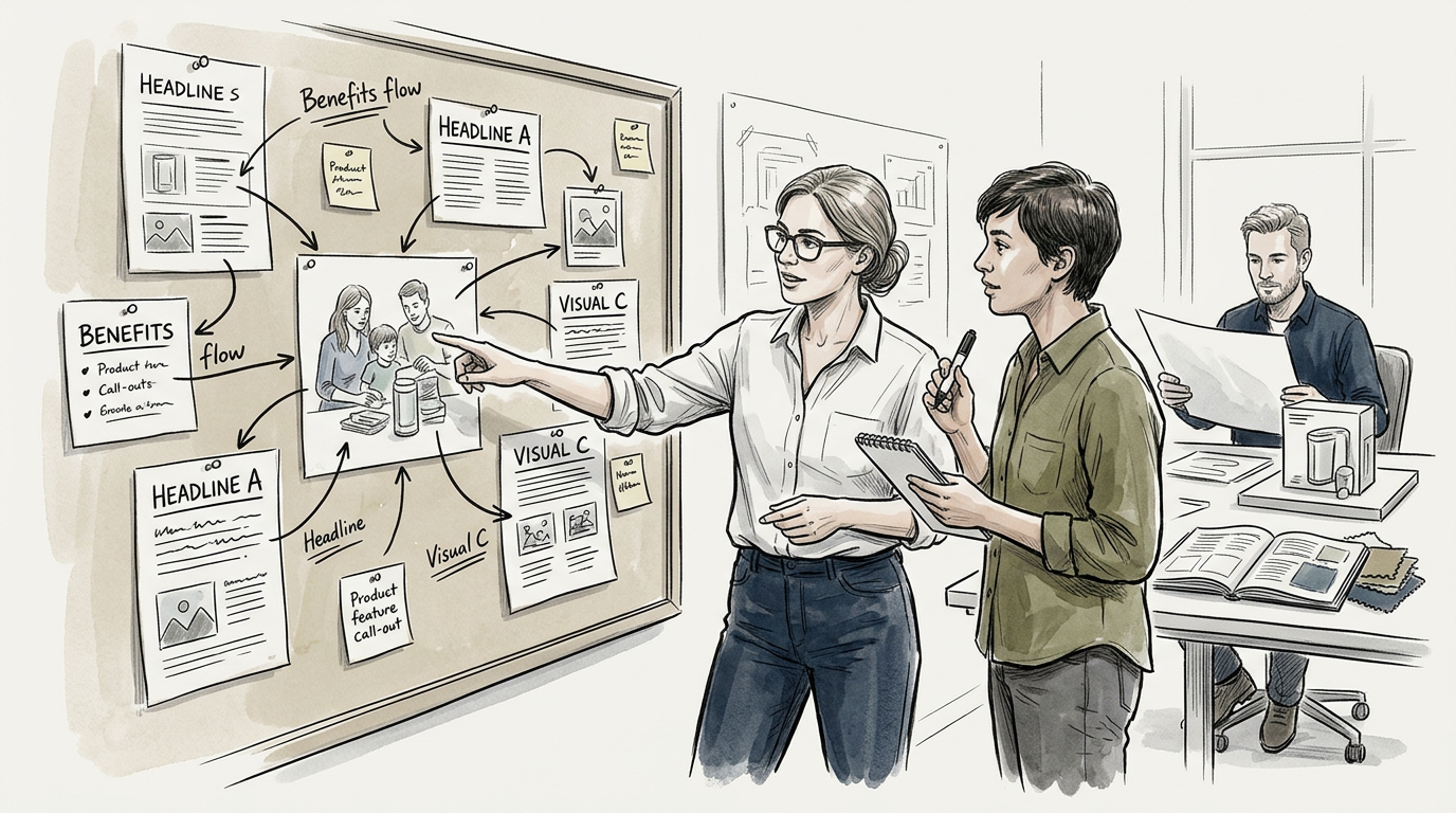 Team reviewing a benefits flow board with headlines and visual call-outs