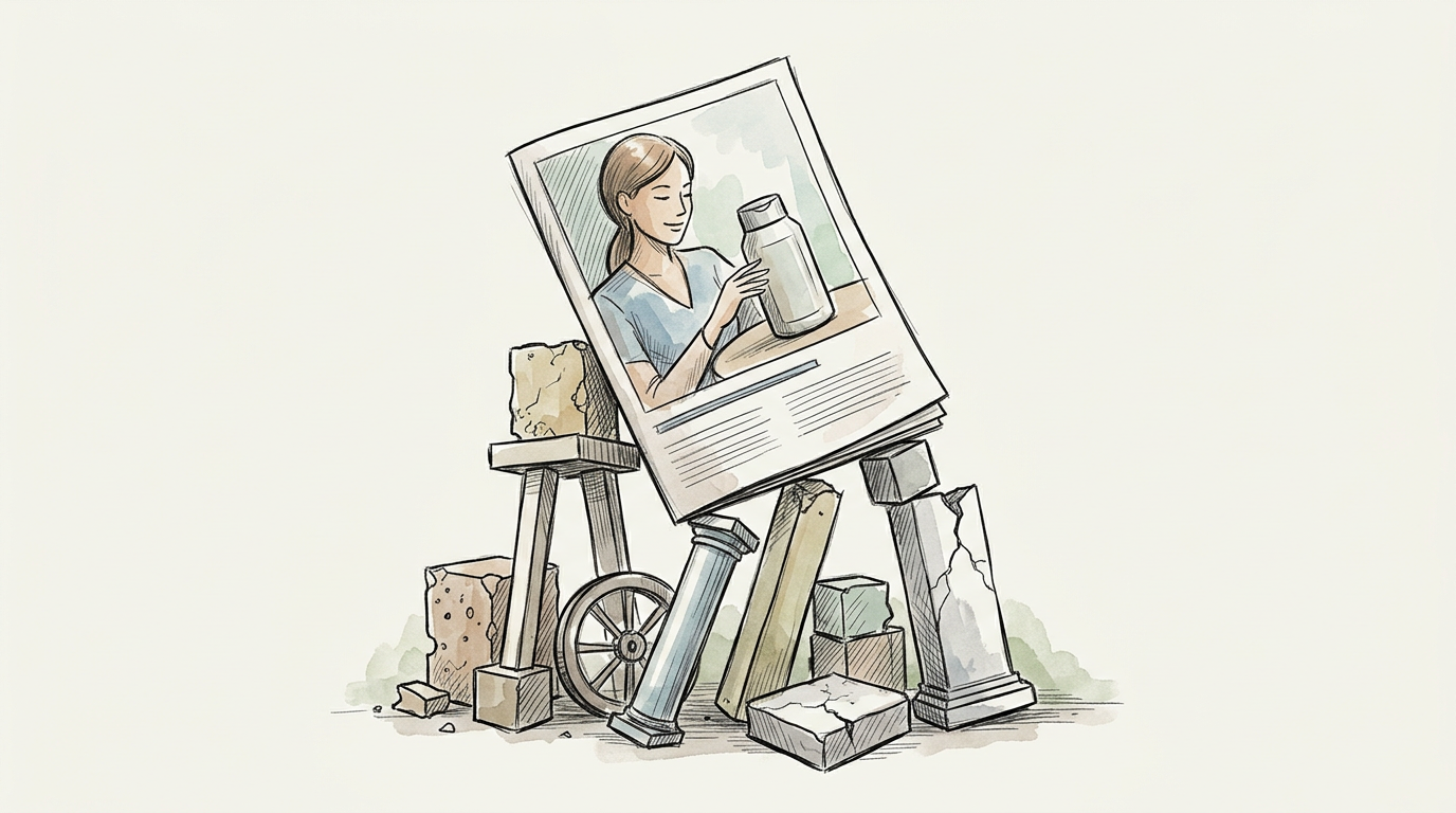 Illustration of a woman holding a reusable bottle amid broken structures