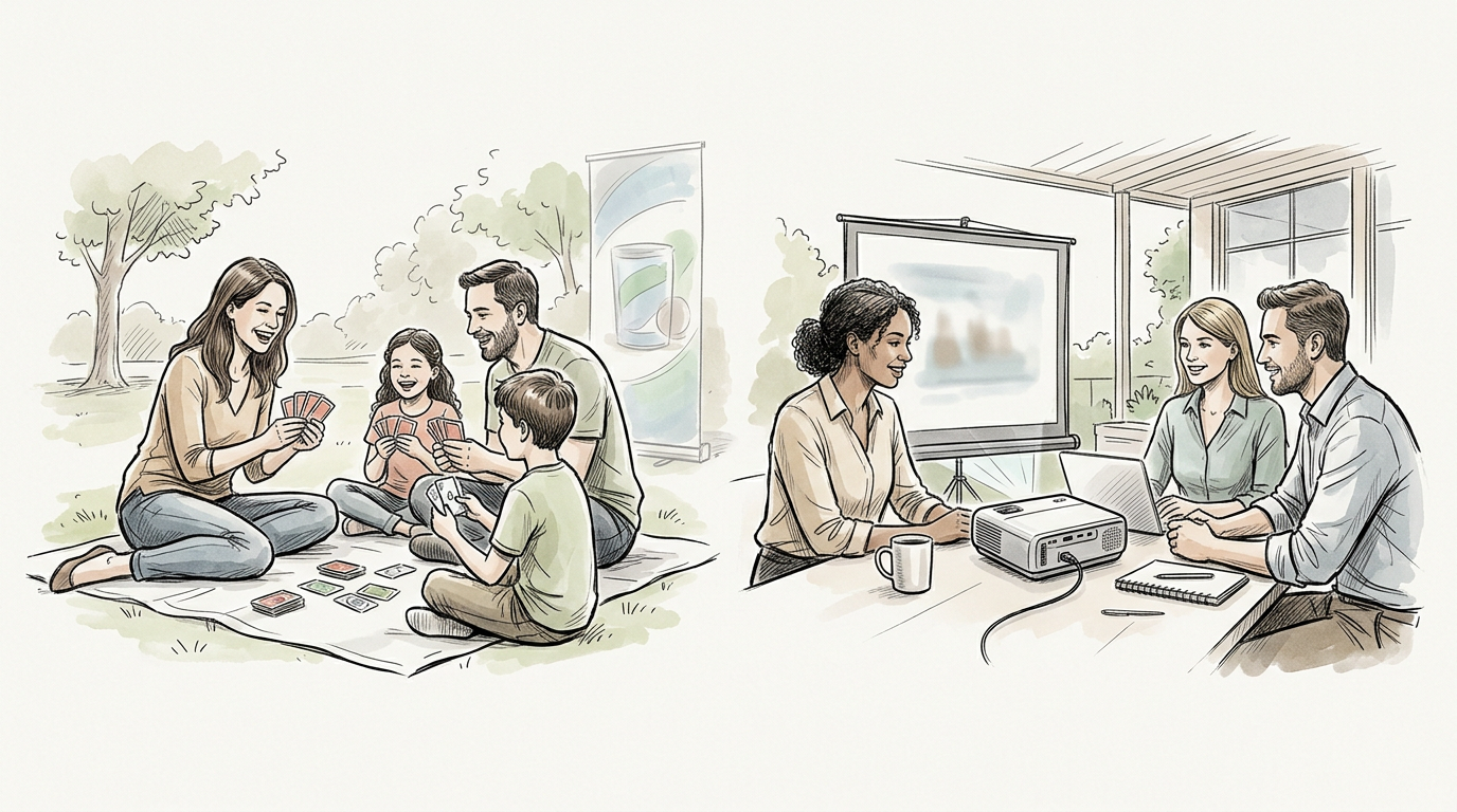 Family card game beside colleagues planning with a projector