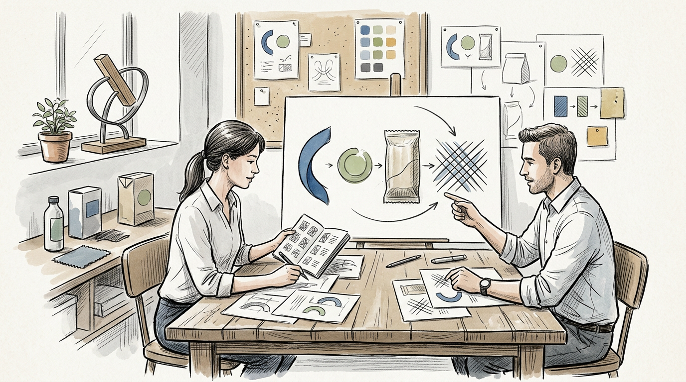 Two designers reviewing packaging concepts beside a presentation board