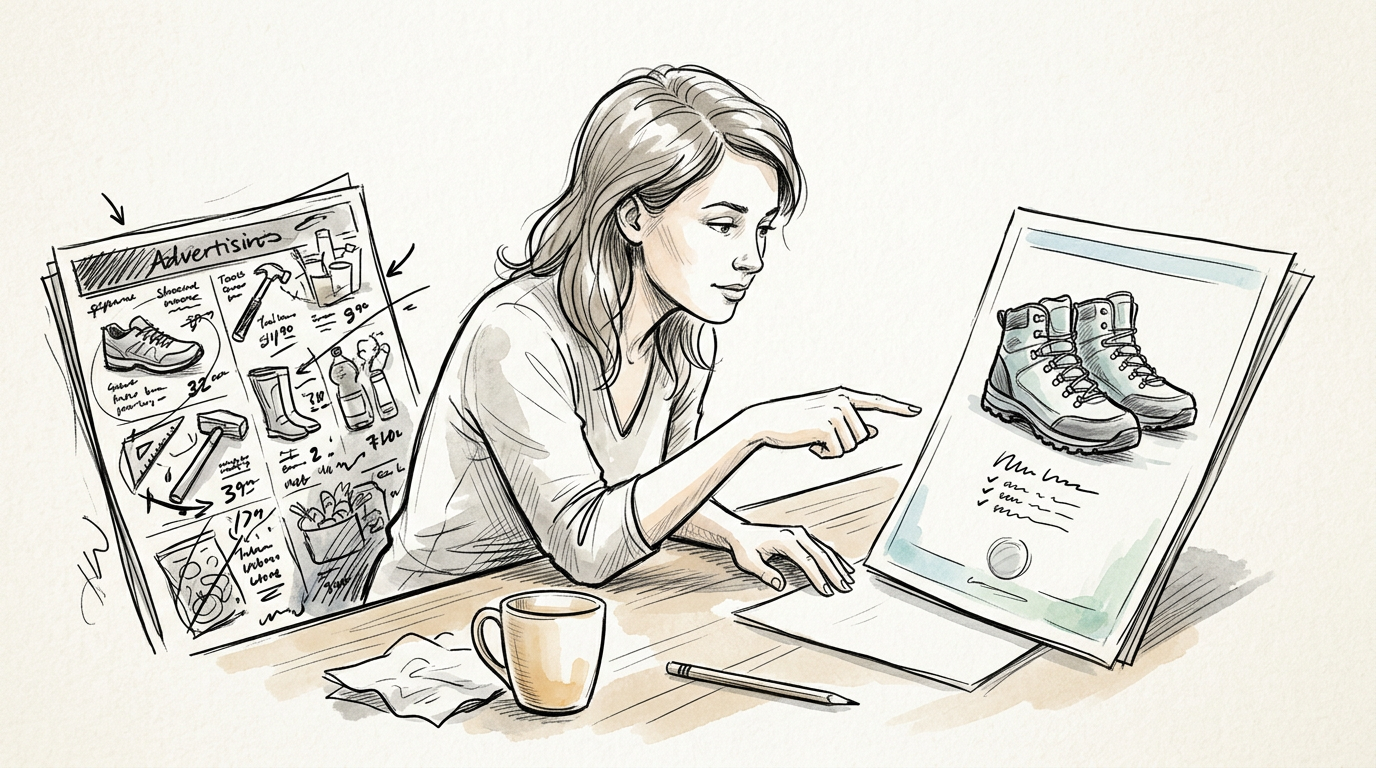 Designer reviewing footwear advertisements and sketches at a desk