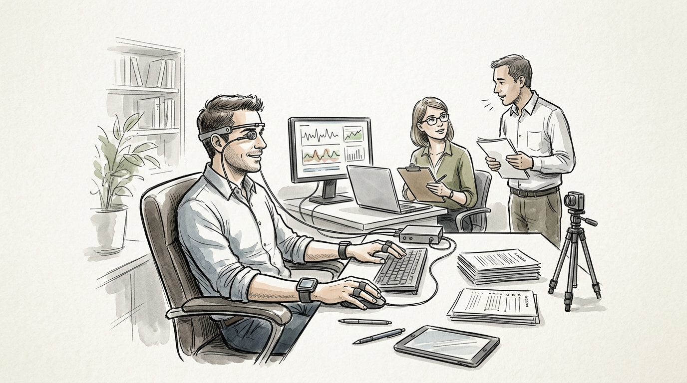 Team collaborating around assistive technology, computers, and research materials