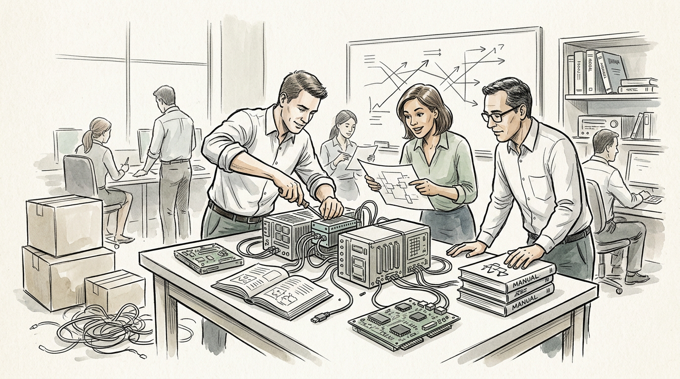 Engineers collaborating around electronics equipment and technical plans