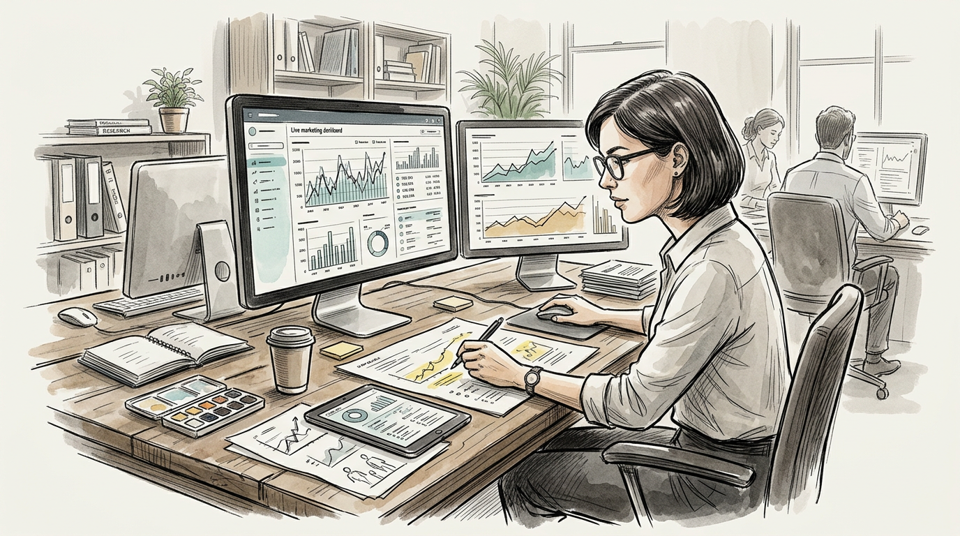 Marketing analyst reviewing charts and dashboards at a desk