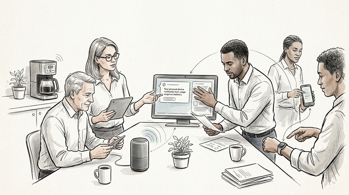 Team discussing connected devices, privacy, and usage statistics around a conference table