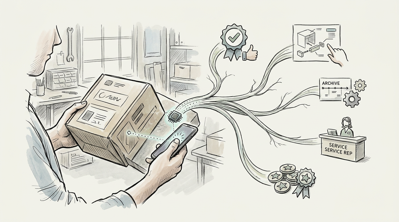 Person scans a package with a smartphone, linking service processes