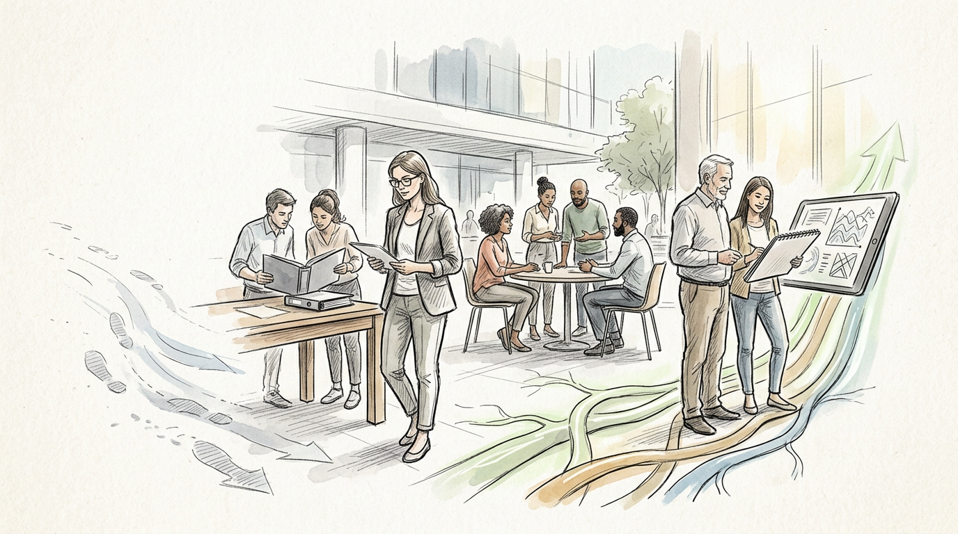 Colleagues collaborating around tables and a planning board in an office