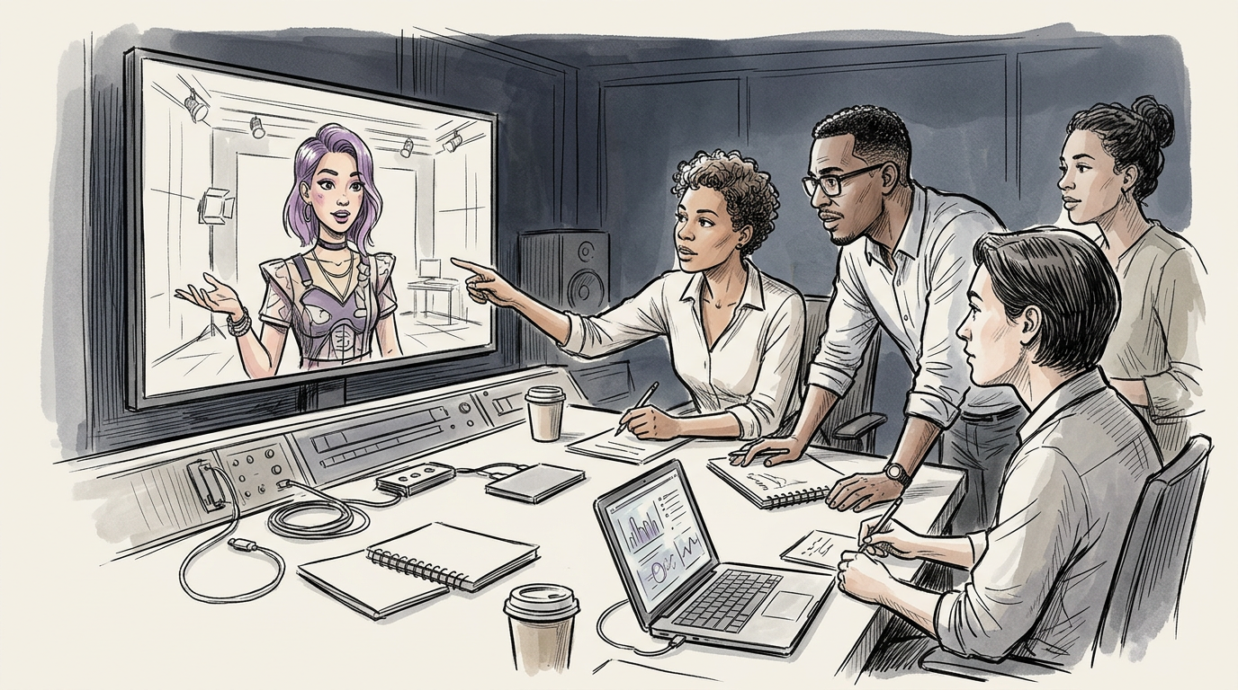 Creative team reviewing a presenter on a studio monitor