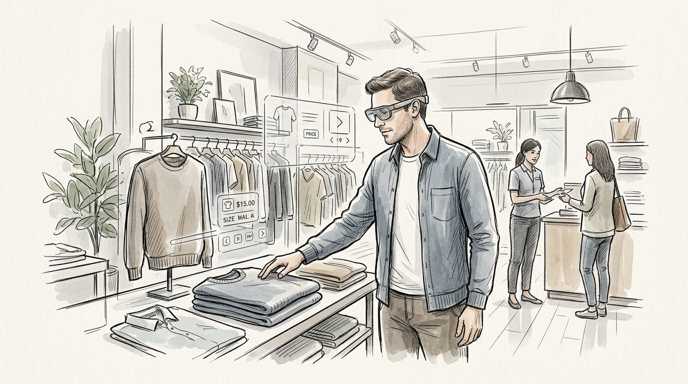 Illustrated clothing store with shopper viewing a digital overlay showing PRICE, $15.00, and SIZE MAL A