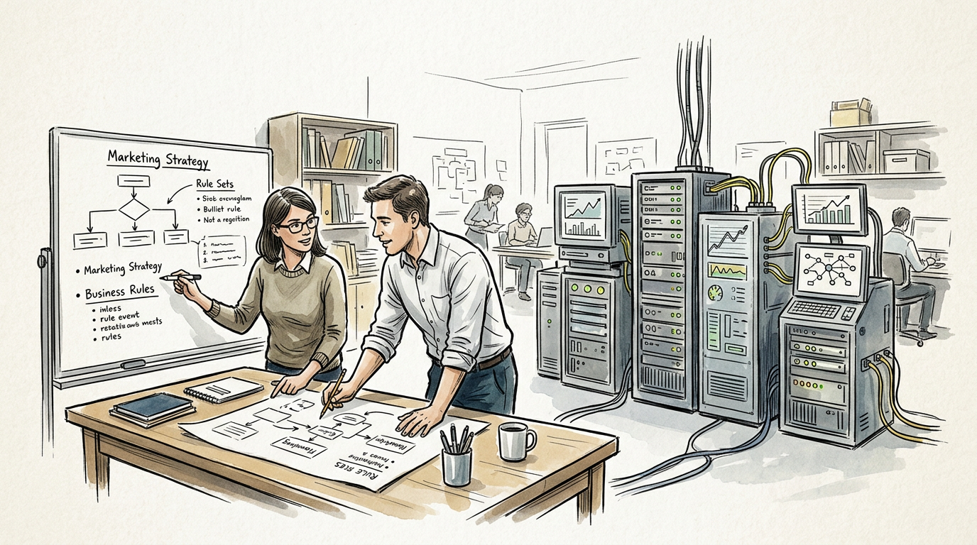 Two colleagues planning marketing strategy beside servers and data dashboards