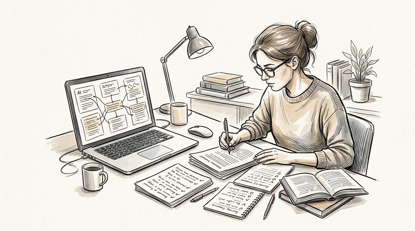 Woman writing notes beside a laptop, books, coffee, and houseplant