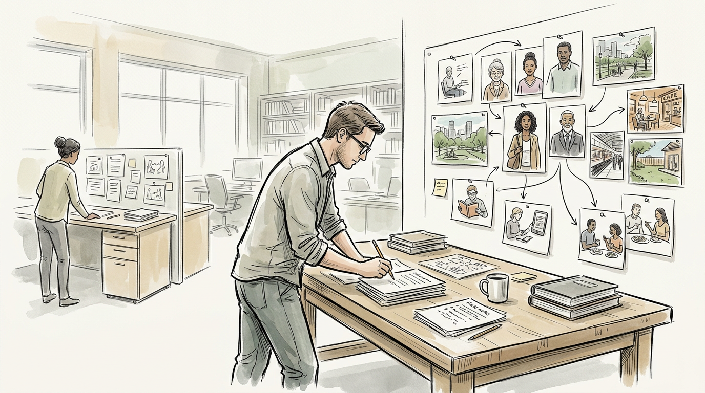Researchers working with notes, sketches, and connected community images