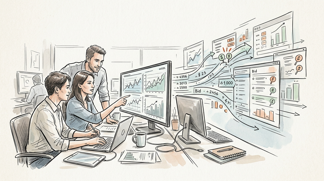 Three coworkers analyzing financial charts and market data on office monitors