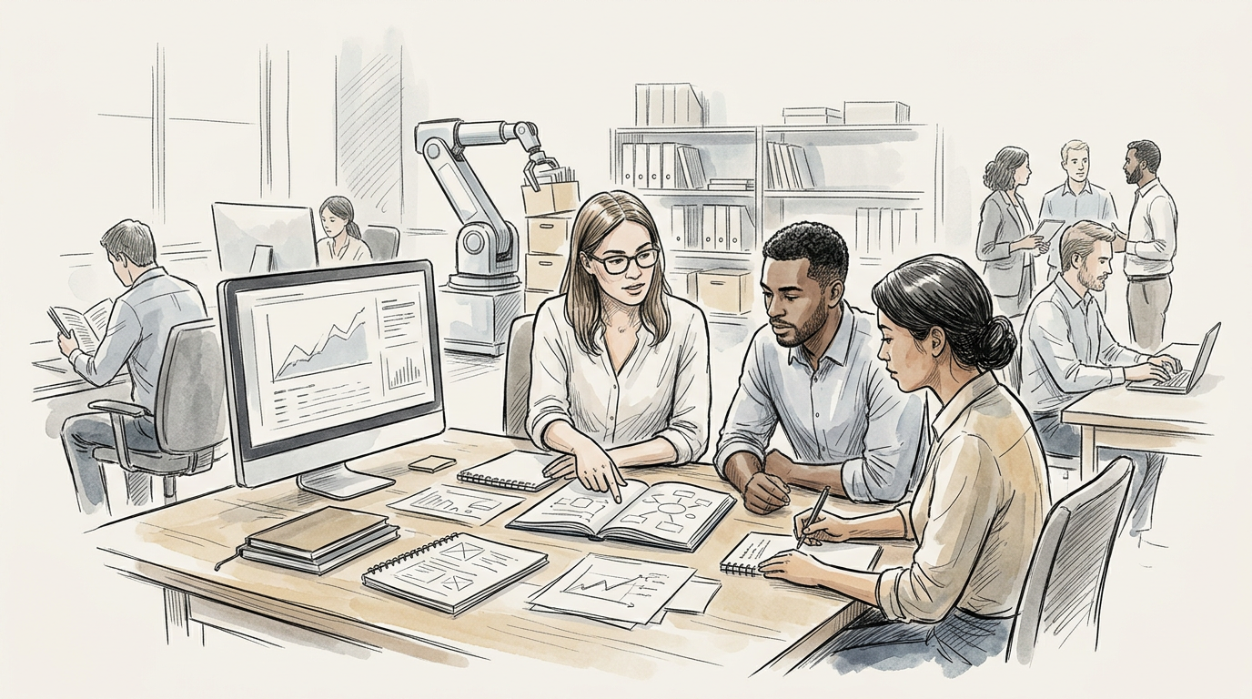 Diverse team collaborating around a table with charts, notebooks, and a robotic arm