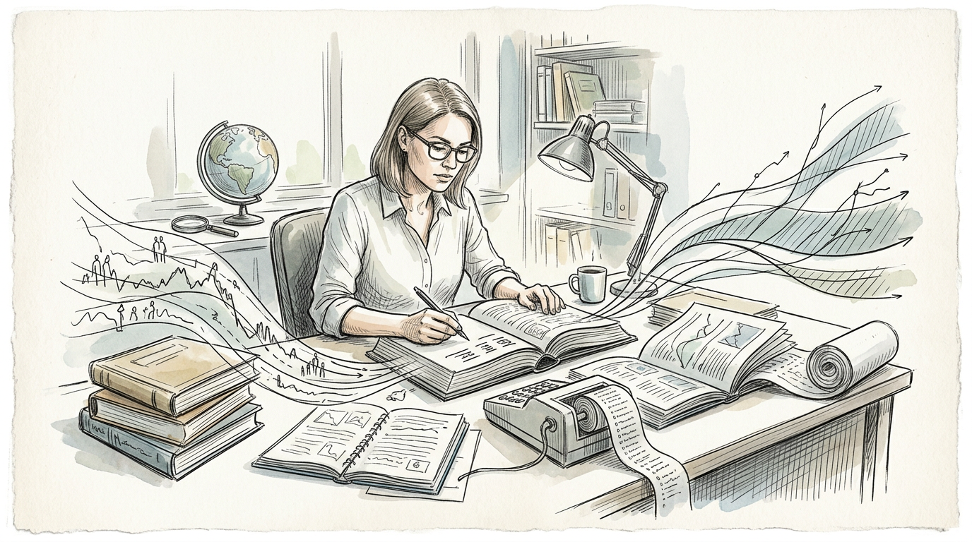 Researcher writing beside books, charts, a globe, and printed data